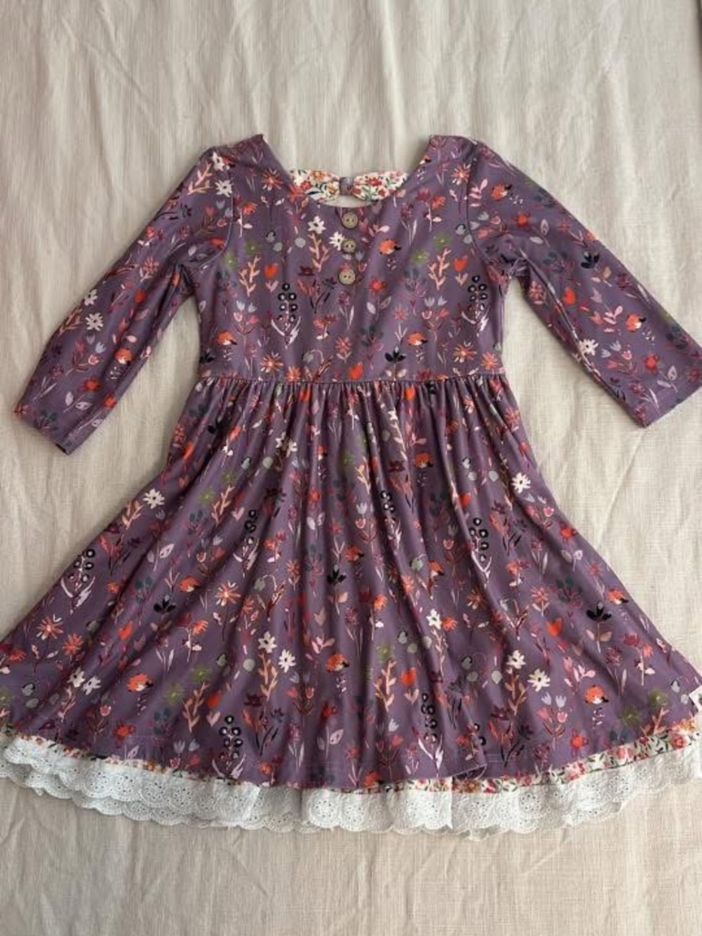 cheeky plum Lavender Floral Twirl Dress with Lace Hem